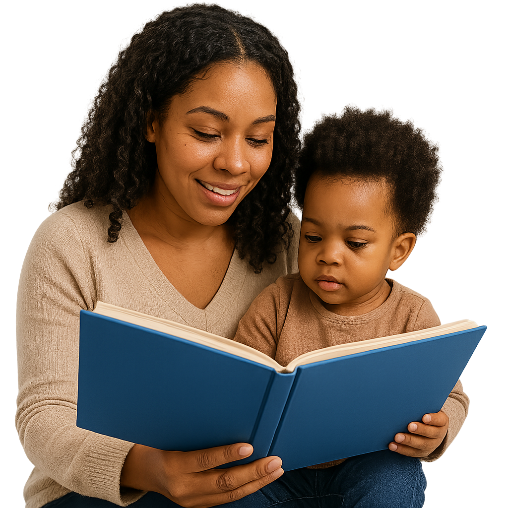 A mom reading a book to her son